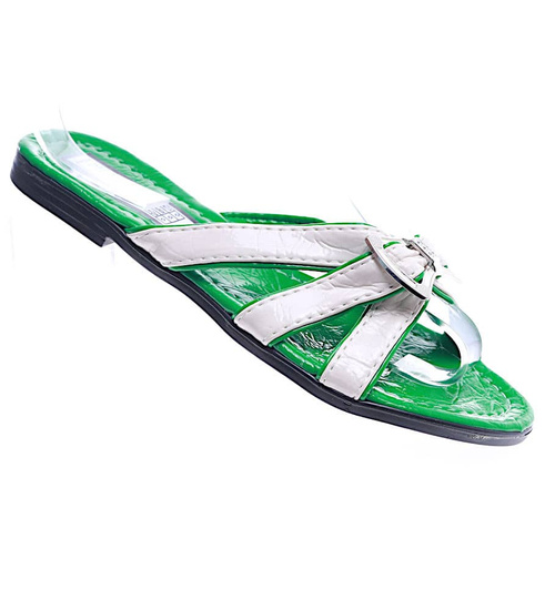 Biało zielone klapki na płaskim obcasie /H2 14341 T005/