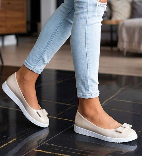 Beżowe balerinki damskie z kokardą /E3-2 15718 T140/