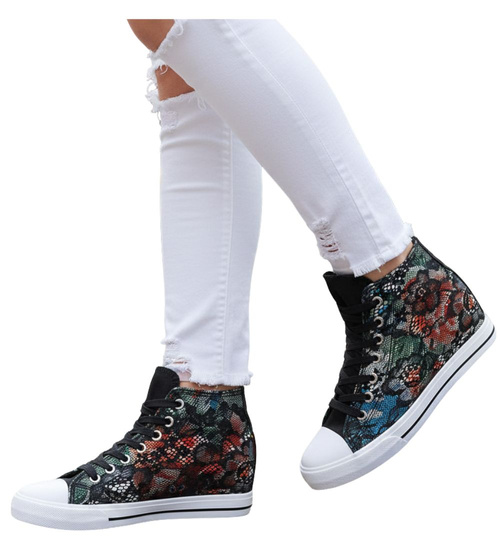 Wysokie sznurowane trampki na niskim koturnie Flower Black /F4-2 8087 S190/