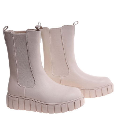 Beżowe botki sztyblety z wysoką cholewką /D2-1 18427 T292/