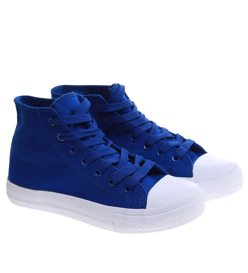 Klasyczne niebiesko białe trampki damskie z wysoką cholewką /G1-1 16734 G9-84/