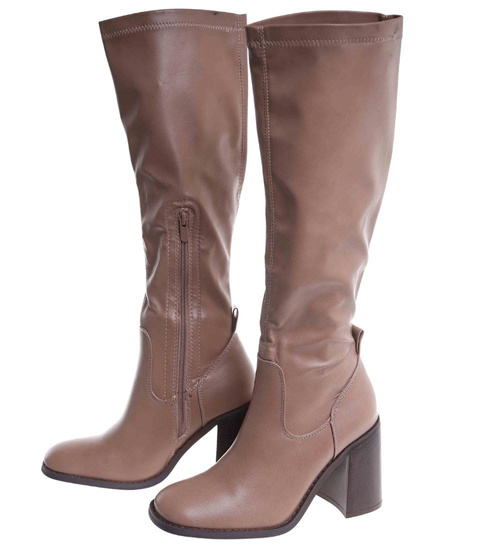 Klasyczne kozaki na obcasie khaki lekko ocieplane /F8-1 18521 T433/