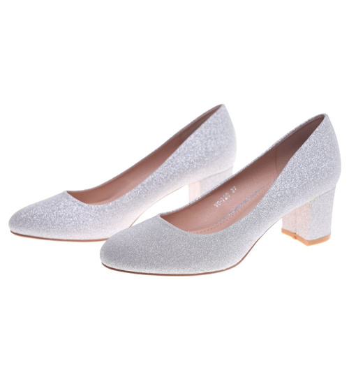 Wizytowe srebrne czółenka na klocku /G11-2 18632 T357/