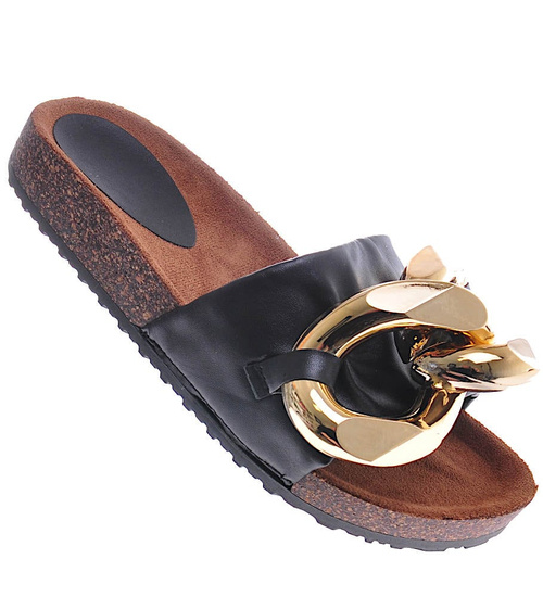 Czarne klapki damskie z łańcuchem /B4-3 11343 T204/