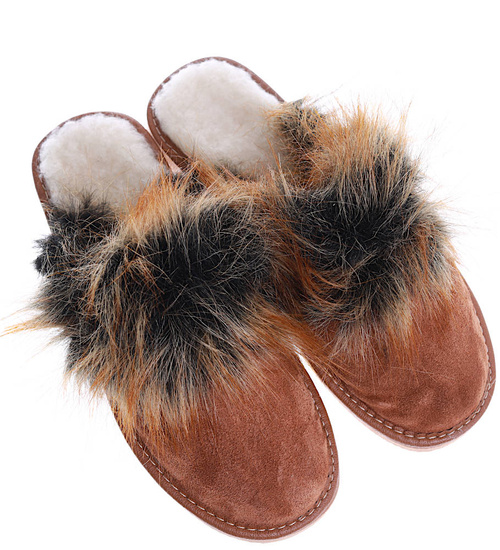 Skórzane ocieplane kapcie damskie Brązowe /G1-1 15447 S198/