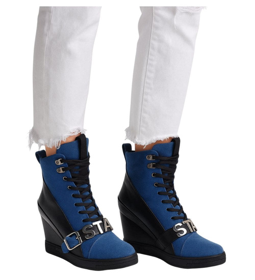 Sznurowane niebiesko czarne trampki sneakersy koturnie /F4-3 18049 T284/