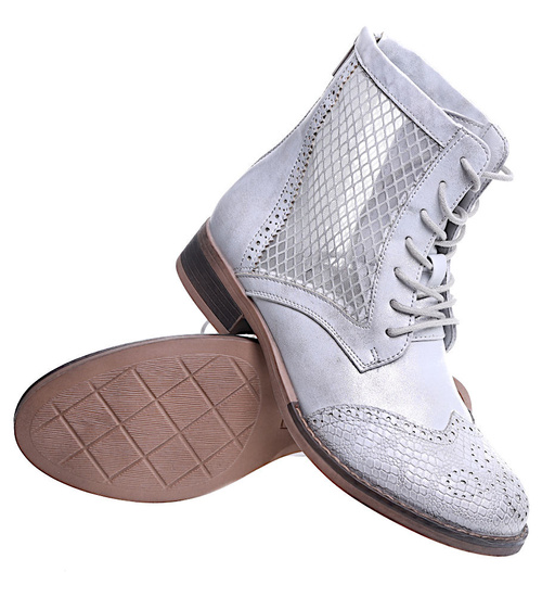 Wiosenne srebrne botki workery z ażurowymi wstawkami /D2-2 15458 S346/