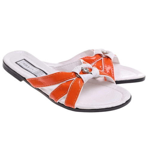 Pomarańczowo białe klapki na płaskim obcasie /H2 14345 T005/