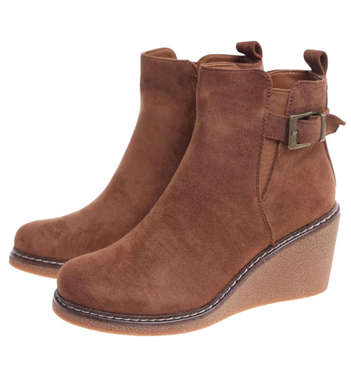 Karmelowe botki damskie na koturnie /D2-1 18352 W385/