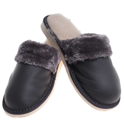 Skórzane szare kapcie damskie z wełną /G4-1 18466 S196/