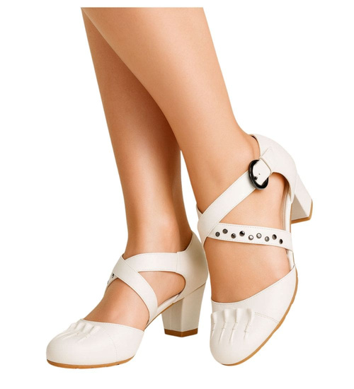 Czółenka z paseczkiem na niskim obcasie Ecru /E7-1 14106 T143/