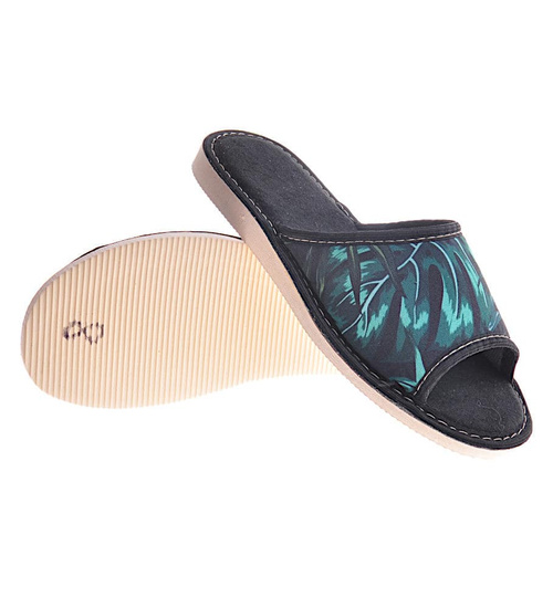 Kapcie damskie czarne z motywem liści /D8-1 12149 T192/