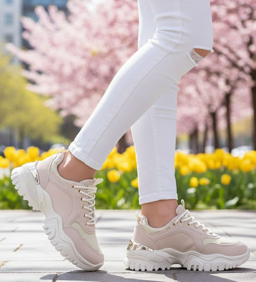 Sznurowane sportowe buty damskie beżowe /A5-3 13731 T598/