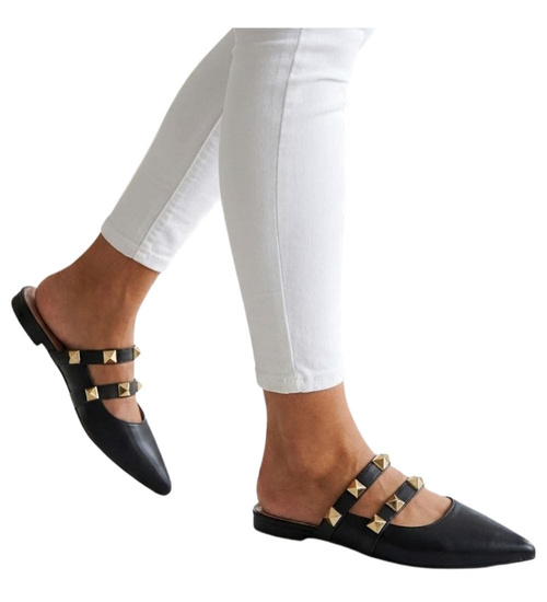 Czarne damskie klapki ze złotymi kolcami /D9-2 12168 T294