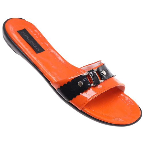 Pomarańczowo czarne klapki na płaskim obcasie /H2 14342 T005/