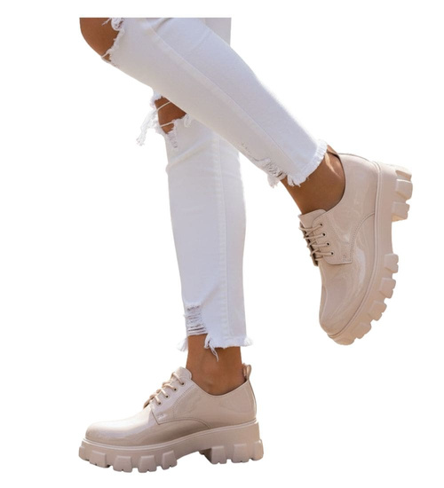 Beżowe półbuty loafersy na platformie /i6-2 18489 W12-3/