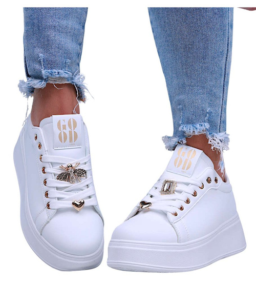 Białe wiązane damskie trampki na platformie /C4-1 15938 T535/