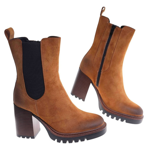 Karmelowe zimowe botki na słupku /L3-2 18592 G288/