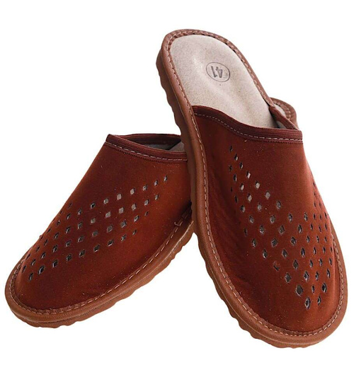 Męskie domowe kapcie ze skóry zamszowej Brązowe /F6-1 7929 S195/