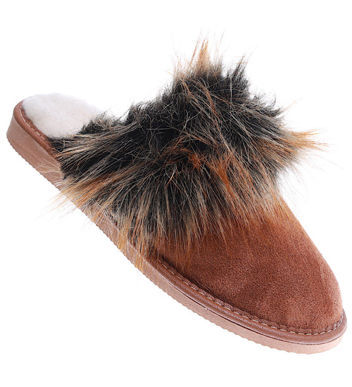 Skórzane ocieplane kapcie damskie Brązowe /G1-1 15447 S198/