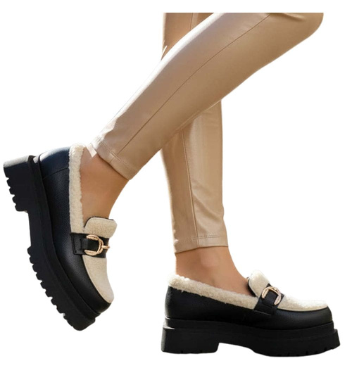 Skórzane półbuty na platformie Czarne /G12-3 12601 R178/