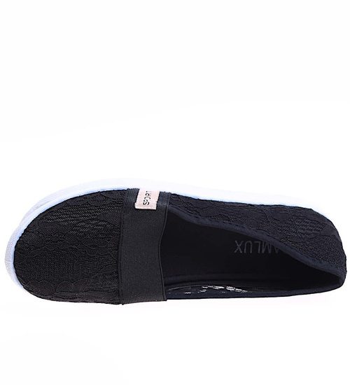 Przewiewne damskie tenisówki slip on z koronki Czarne /D6-2 14552 S154/
