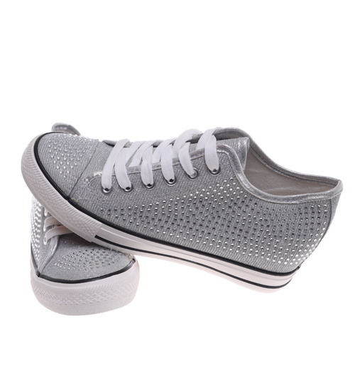 Wiązane srebrne trampki na koturnie ost514