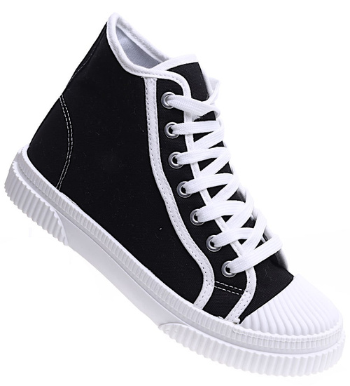 Czarne wysokie sznurowane trampki damskie /E6-1 15688 T134/