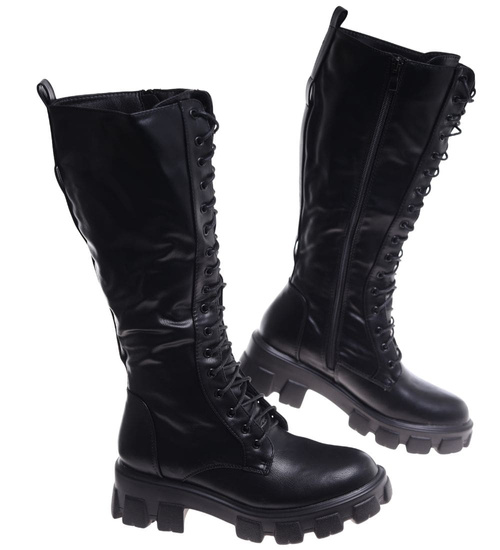 Wysokie wiązane glany damskie Czarne /A9-1 12550 T592/