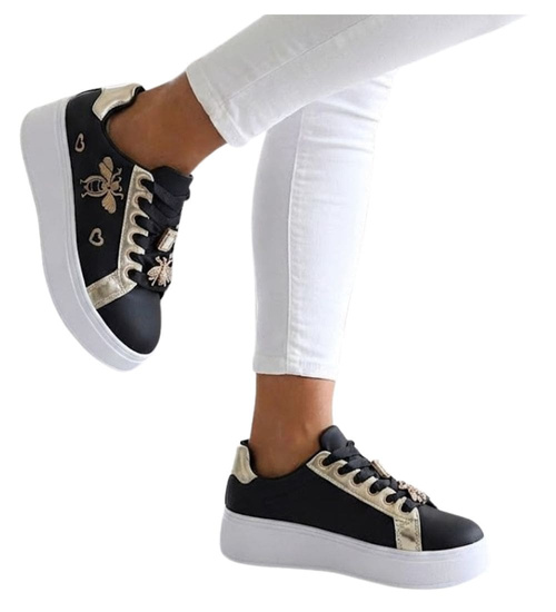 Czarne sznurowane damskie trampki na platformie /B2-2 16910 T537/