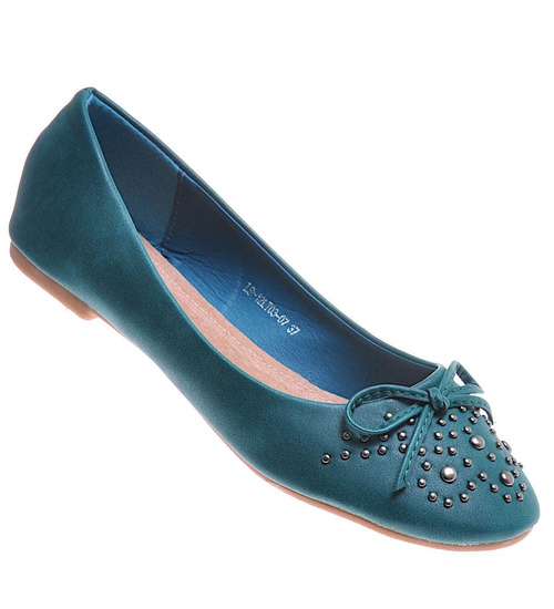 Zielone balerinki damskie z kokardką i dżetami /C7-2 10780 T098/