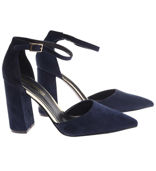 Granatowe czółenka damskie z paskiem /B5-3 17945 W152/