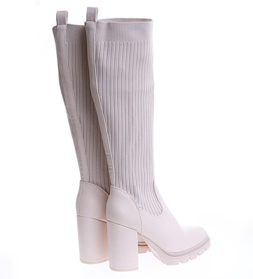 Kozaki damskie beżowe skarpeta /F3-1 15148 S596/