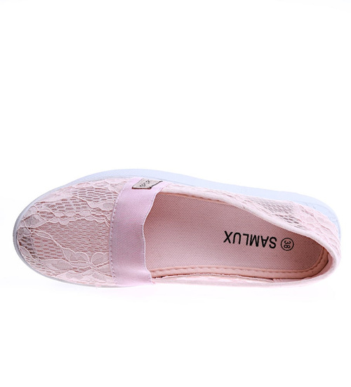 Przewiewne damskie tenisówki slip on z koronki Różowe /G9-2 14550 S154/