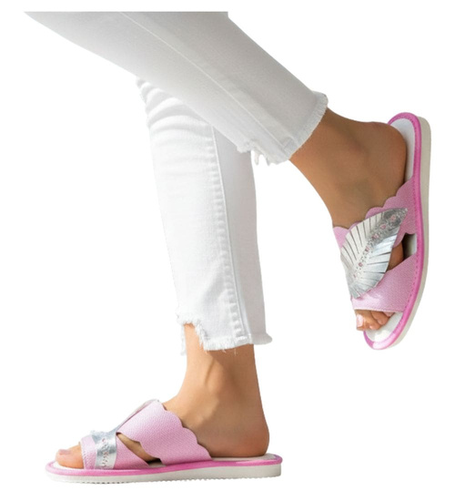 Różowe domowe klapki kapcie z listkiem /G11-1 17648 S165/