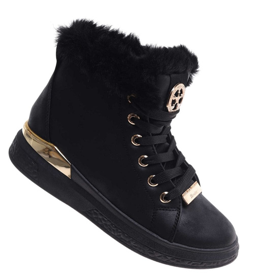 Czarne zimowe trampki z kożuszkiem /E9-1 18429 T411/