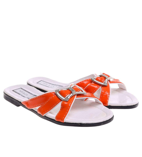 Pomarańczowo białe klapki na płaskim obcasie /H2 14340 T005/