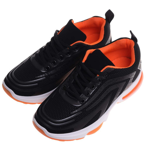 Sznurowane damskie buty sportowe Czarno pomarańczowe /G12-1 18089 T333/