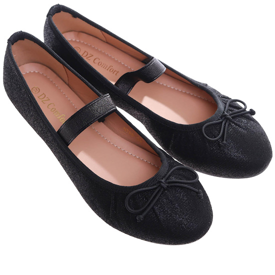 Czarne baleriny damskie z gumką /C6-2 17364 G182/