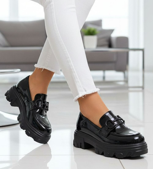 Czarne półbuty mokasyny na platformie /C5-2 12361 T791/