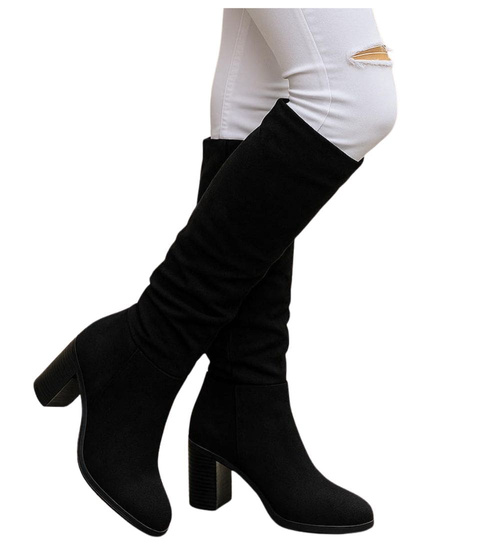 Czarne klasyczne kozaki na słupku do kolan /F2-2 18332 W582/