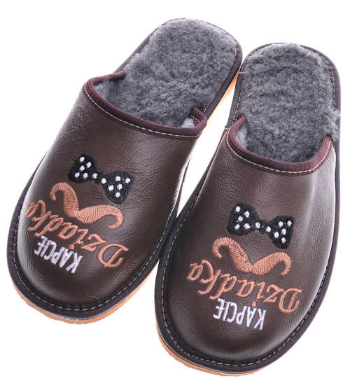 Kapcie Dziadka- skórzane klapki na prezent Ciemny Brąz /E1-1 13086 S18-45/