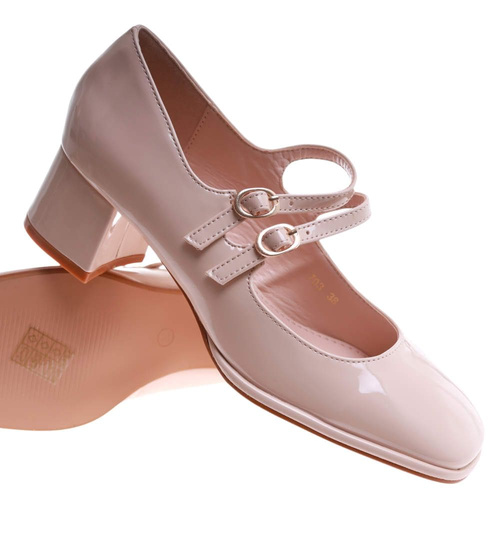 Beżowe czółenka na niskim obcasie z paskami /C7-2 17521  W182/