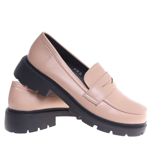 Beżowe półbuty loafersy damskie na platformie /H2 18628 W147/