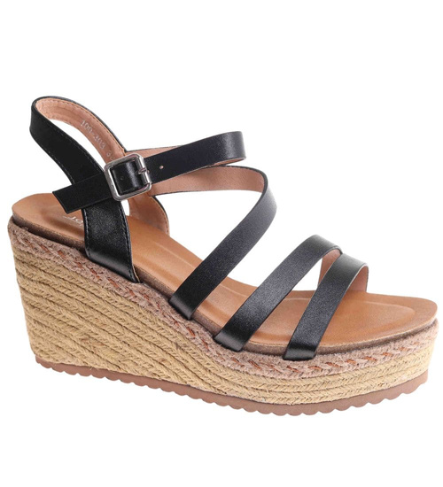 Sandały damskie na koturnie i platformie Czarne espadryle /C4-3 17832 G281/