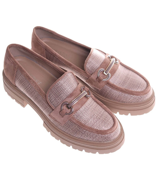 Półbuty loafersy damskie na platformie Khaki /K3-2 18619 W142/