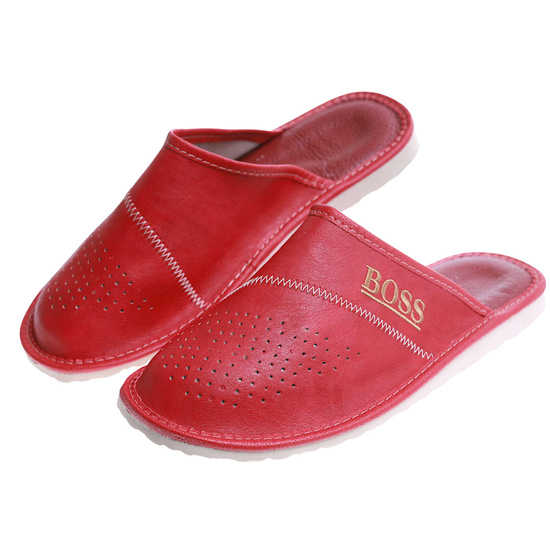Kryte skórzane męskie klapki domowe BOSS Czerwone /G7-1 17322 S199/