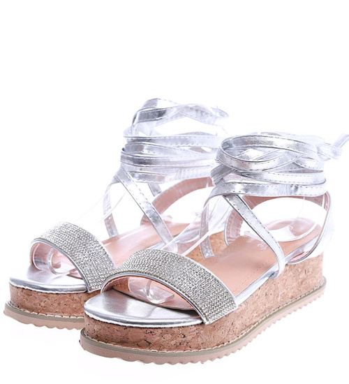 Srebrne sandały na platformie Lace Up /B6-3 14521 T134/