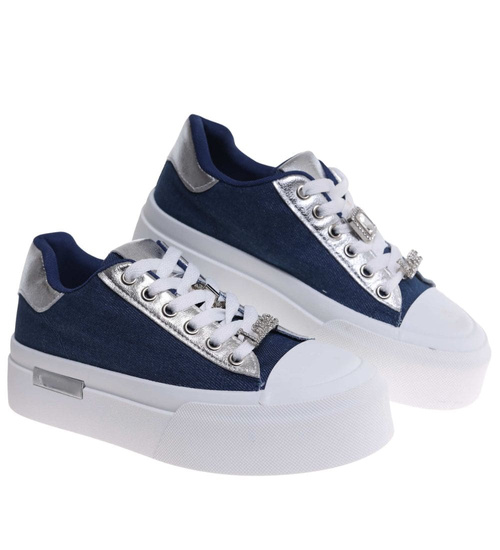 Materiałowe trampki na platformie granatowe /J5-318490 W6/