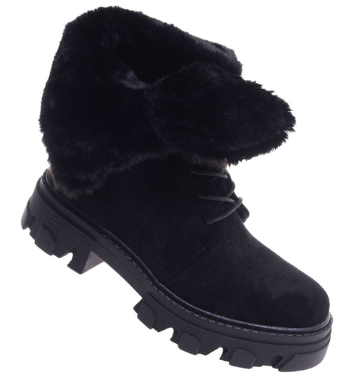 Zimowe botki trapery z wywijaną cholewką Czarne /G3-3 18529 T288/
